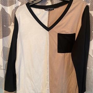 SHEIN Black and White 3/4 Sleeve Colorblock Blouse